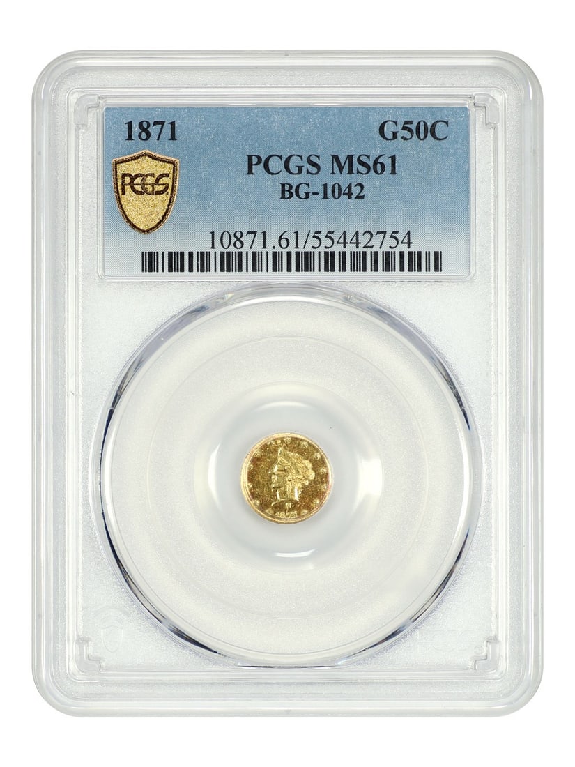 1871 California Fractional Gold 50C PCGS MS61 BG-1042 Territorial Coin: 1871 California Fractional Gold 50C PCGS MS61 BG-1042 Territorial Coin This 1871 50 cent California Fractional Gold coin is graded MS61 by PCGS, indicating a well-preserved, uncirculated condition. It
