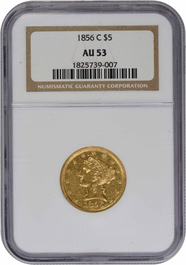 1856 Charlotte Mint $5 Liberty Gold Coin AU53 Graded by NGC: 1856 Charlotte Mint $5 Liberty Gold Coin AU53 Graded by NGC This 1856-C $5 Gold Liberty Head coin, minted in Charlotte, is graded AU53 by NGC. Designed by Christian Gobrecht, it is composed of 90% gol