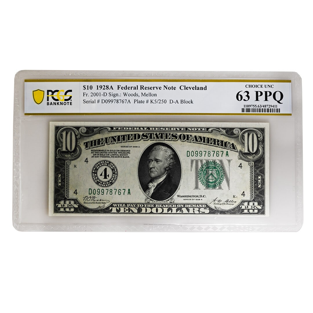 1928A $10 Federal Reserve Note Cleveland PCGS Choice UNC 63 PPQ: 1928A $10 Federal Reserve Note Cleveland PCGS Choice UNC 63 PPQ This 1928A $10 Federal Reserve Note from Cleveland is a remarkable collectible for currency enthusiasts. Graded as Choice Uncirculated b