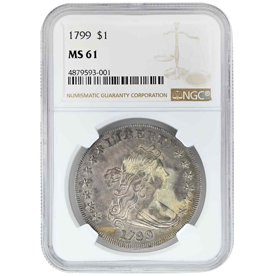 1799 Draped Bust Silver Dollar NGC MS61 Certified Philadelphia Mint: 1799 Draped Bust Silver Dollar NGC MS61 Certified Philadelphia Mint This 1799 Draped Bust Dollar is a rare silver coin from the United States, minted in Philadelphia. Certified by NGC with an MS61 gra