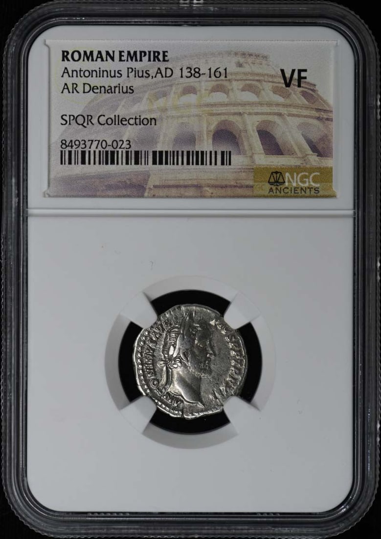 Roman Empire Silver Denarius Coin Antoninus Pius Certified by NGC VF20: Roman Empire Silver Denarius Coin Antoninus Pius Certified by NGC VF20 This Roman Empire AR Denarius dates from the reign of Antoninus Pius, AD 138-161. The coin is certified by NGC with a grade of VF