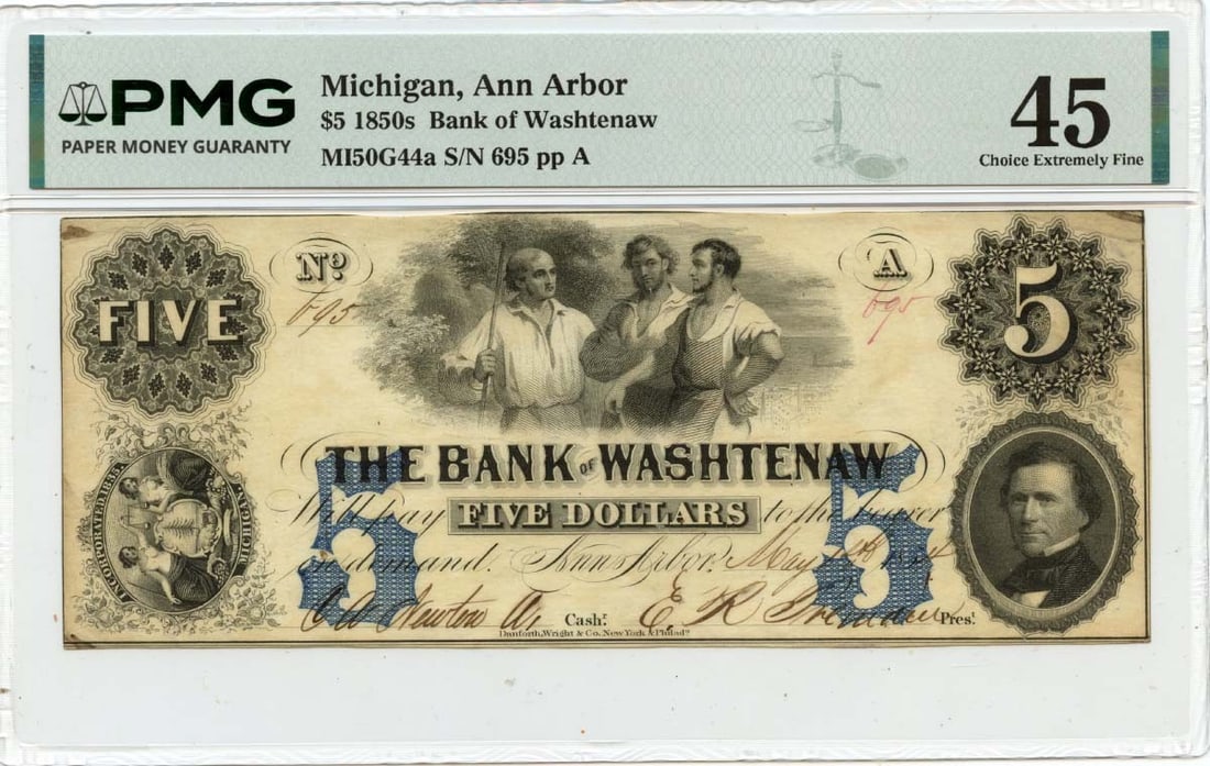 Bank of Washtenaw 1854 Five Dollar Ann Arbor Obsolete Currency PMG XF45: Bank of Washtenaw 1854 Five Dollar Ann Arbor Obsolete Currency PMG XF45 This 1854 $5 obsolete banknote from Ann Arbor, Michigan was issued by the Bank of Washtenaw. The note is certified by PMG with a