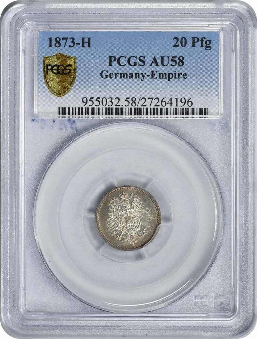 PCGS AU58 1873-H German Empire 20 Pfennig Certified Coin: PCGS AU58 1873-H German Empire 20 Pfennig Certified Coin This 1873-H Germany Empire 20 Pfennig coin has been certified by PCGS and graded as AU58. It is a circulated, pre-owned coin from Germany, dati