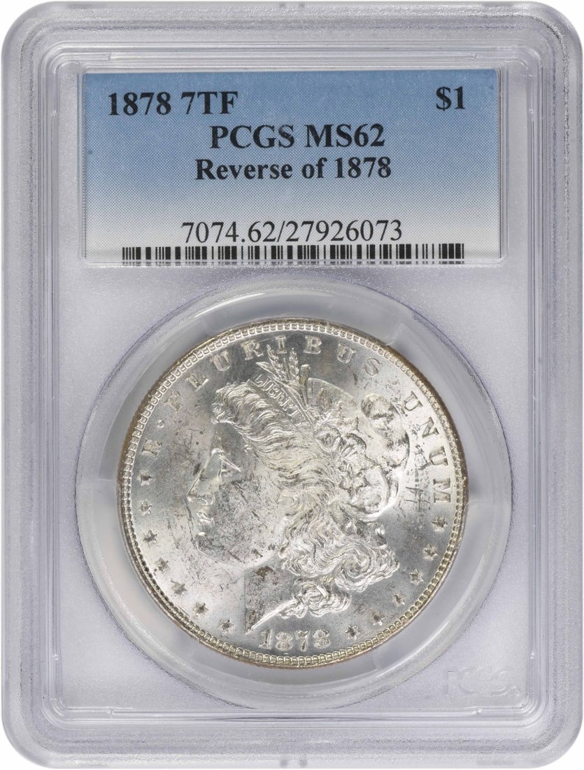 1878 7 Tail Feathers Morgan Dollar MS62 Graded by PCGS: 1878 7 Tail Feathers Morgan Dollar MS62 Graded by PCGS This 1878 Morgan Silver Dollar features the 7 Tail Feathers Reverse of 1878 design. Graded MS62 by PCGS, the coin is composed of 90% silver and 1