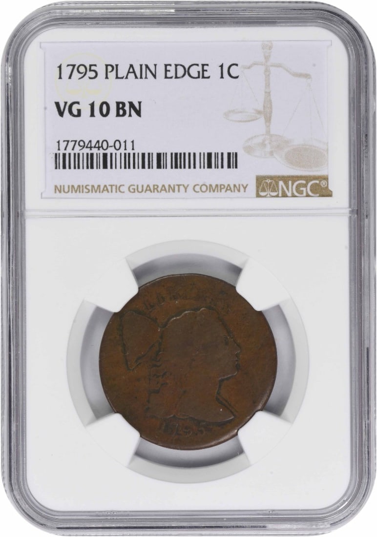 1795 Flowing Hair Large Cent Philadelphia Plain Edge NGC VG10BN: 1795 Flowing Hair Large Cent Philadelphia Plain Edge NGC VG10BN This is a 1795 Large Cent coin featuring the Flowing Hair design by Robert Scot. Certified by NGC, this circulated coin was minted in Ph