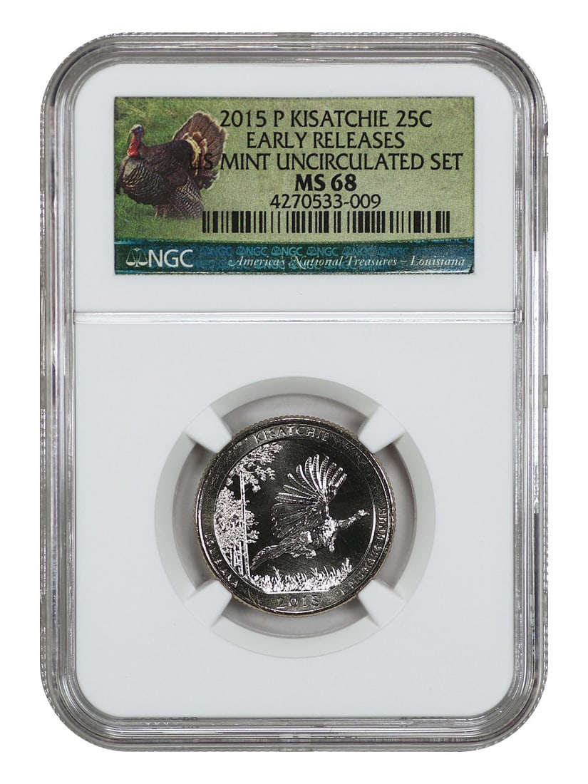 2015-P 25C Kisatchie NP NGC MS68 Early Releases Type 1 Clad: 2015-P 25C Kisatchie NP NGC MS68 Early Releases Type 1 Clad This is a 2015-P 25C Kisatchie National Park quarter, certified by NGC with a grade of MS68, indicating it is in uncirculated condition. Thi