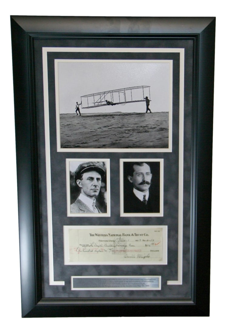 Orville Wright Signed Bank Check Framed with Photos JSA LOA: Orville Wright Signed Bank Check Framed with Photos JSA LOA This remarkable piece features an original autographed bank check signed by Orville Wright, a pivotal figure in aviation history. The check