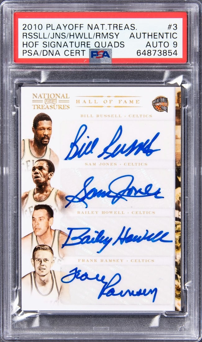 2010 Panini Playoff National Treasures Bill Russell Quad Auto 1/5 PSA 9: 2010 Panini Playoff National Treasures Bill Russell Quad Auto 1/5 PSA 9 This limited-edition 2010 Panini Playoff National Treasures sports trading card celebrates basketball legend Bill Russell alongs