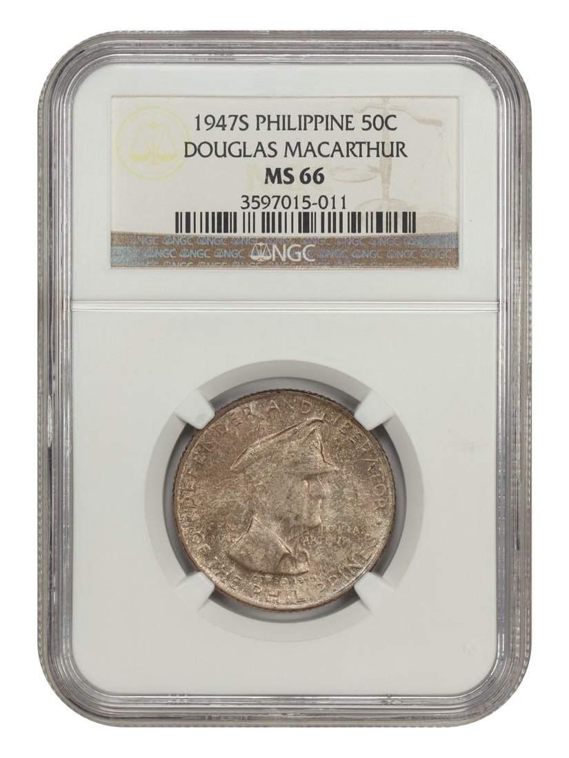 1947-S 50 Centavos NGC MS66 Douglas MacArthur Commemorative Philippines Coin: 1947-S 50 Centavos NGC MS66 Douglas MacArthur Commemorative Philippines Coin This is a 1947-S 50 centavos coin from the U.S. Philippines series, commemorating Douglas MacArthur. The coin is graded MS6