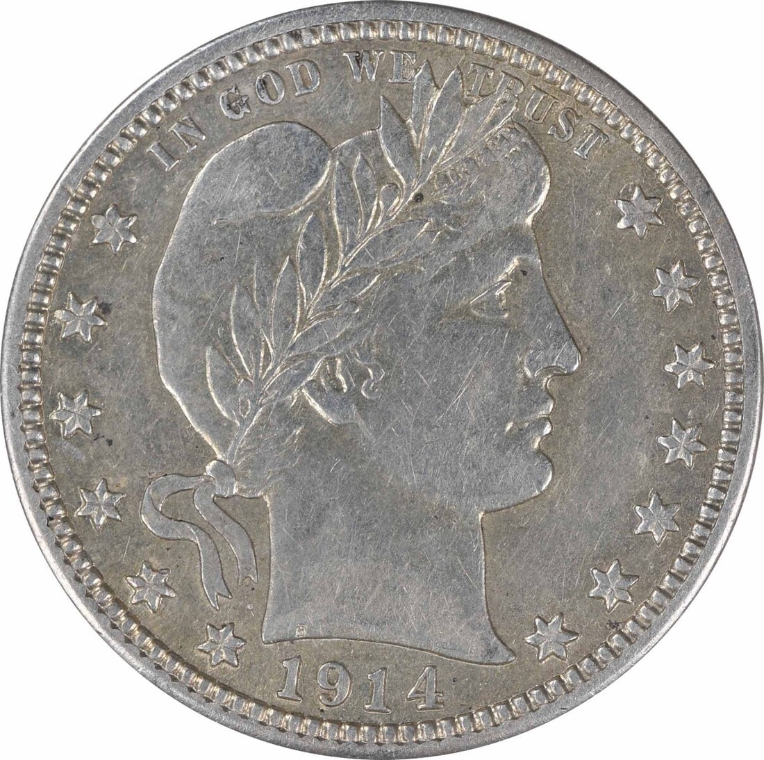 1914-S Barber Silver Quarter AU Uncertified 90% Silver 25C: 1914-S Barber Silver Quarter AU Uncertified 90% Silver 25C This 1914-S Barber Silver Quarter is a remarkable piece for any coin collector. Featuring a design by Charles E. Barber, this quarter showcas