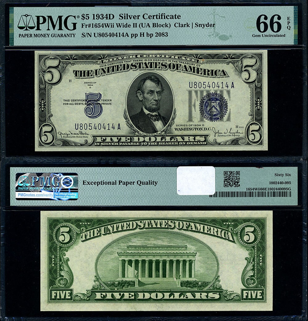 1934-D $5 Silver Certificate U-A Block Gem PMG CU66 EPQ (1 of 3)