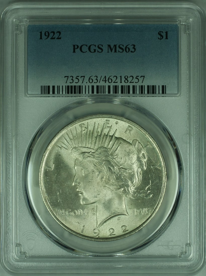 1922 Peace Dollar Silver Coin PCGS MS 63 Certified Philadelphia Mint: 1922 Peace Dollar Silver Coin PCGS MS 63 Certified Philadelphia Mint This is a 1922 Peace Silver Dollar from the United States, certified by PCGS with a grade of MS-63. The coin is uncirculated and co