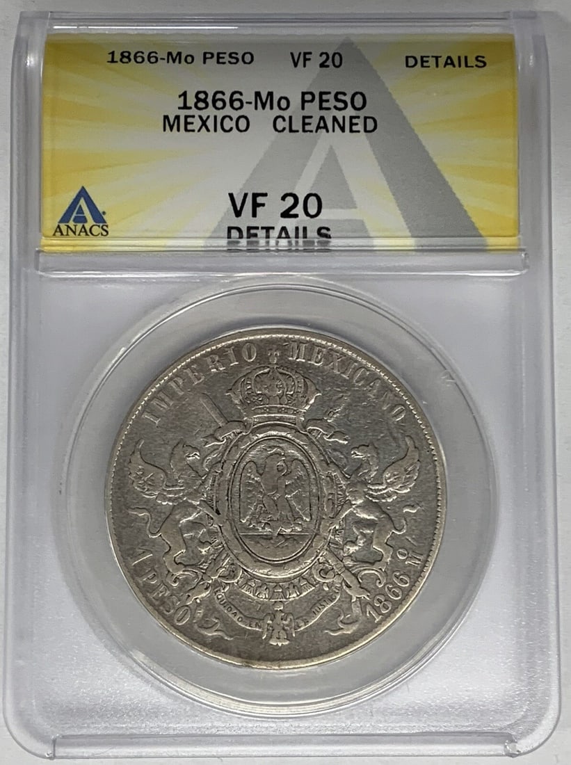 ANACS VF 20 Cleaned 1866-Mo Silver Peso from Mexico Second Republic: ANACS VF 20 Cleaned 1866-Mo Silver Peso from Mexico Second Republic This 1866-Mo Mexico Peso coin is certified by ANACS with a grade of VF 20 and has been noted as cleaned. The coin originates from Me
