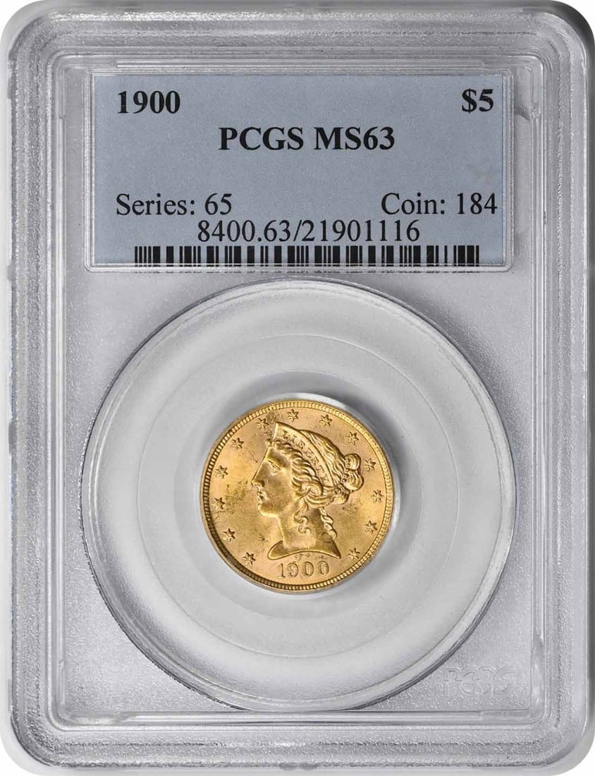 1900 Liberty Head Five Dollar Gold Coin MS63 Certified by PCGS: 1900 Liberty Head Five Dollar Gold Coin MS63 Certified by PCGS This is a 1900 $5 Liberty Head gold coin from the United States, certified by PCGS with an MS63 grade. It is uncirculated and was minted