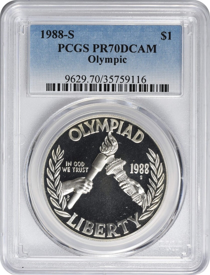 Proof 1988-S Olympic Silver Dollar PCGS PR70DCAM Commemorative Coin: Proof 1988-S Olympic Silver Dollar PCGS PR70DCAM Commemorative Coin This 1988-S Olympic Commemorative Dollar is a proof coin graded PR70DCAM by PCGS, indicating flawless condition. Minted in San Franc