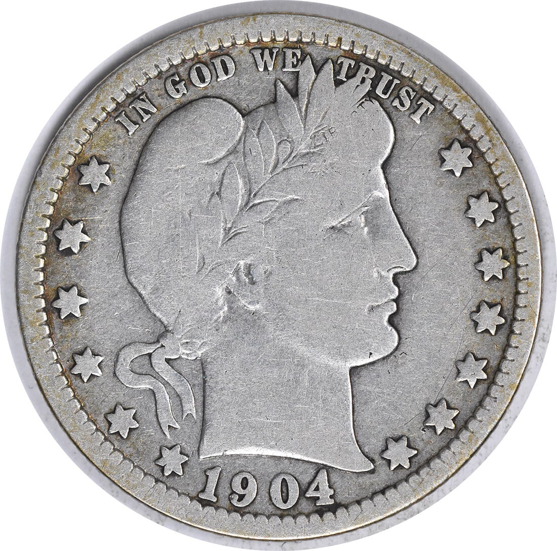 1904 New Orleans Barber Quarter 90 Percent Silver Uncertified F Grade: 1904 New Orleans Barber Quarter 90 Percent Silver Uncertified F Grade This 1904-O Barber Silver Quarter is a circulated coin from the United States, minted in New Orleans. Designed by Charles E. Barbe