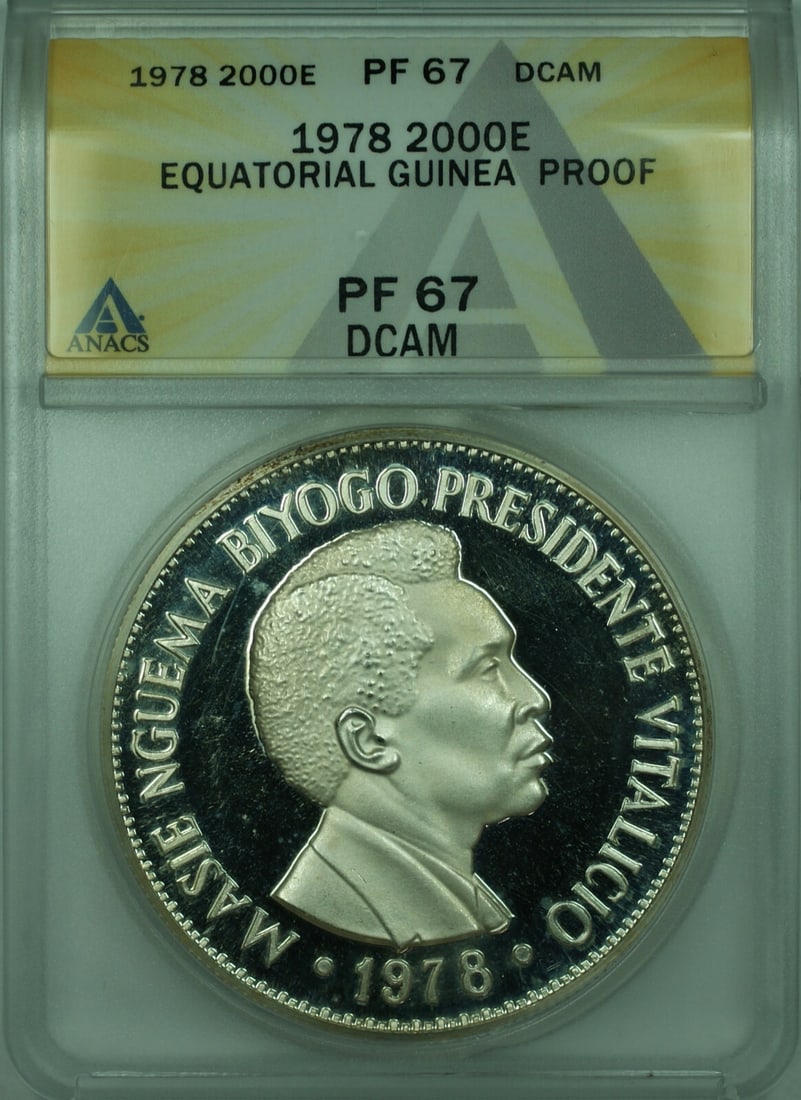 Equatorial Guinea 1978 2000 Ekuele Silver Proof Coin ANACS PR 67: Equatorial Guinea 1978 2000 Ekuele Silver Proof Coin ANACS PR 67 This is a 1978 2000 Ekuele silver proof coin from Equatorial Guinea, graded PR 67 by ANACS. The coin is composed of 0.925 fine silver a