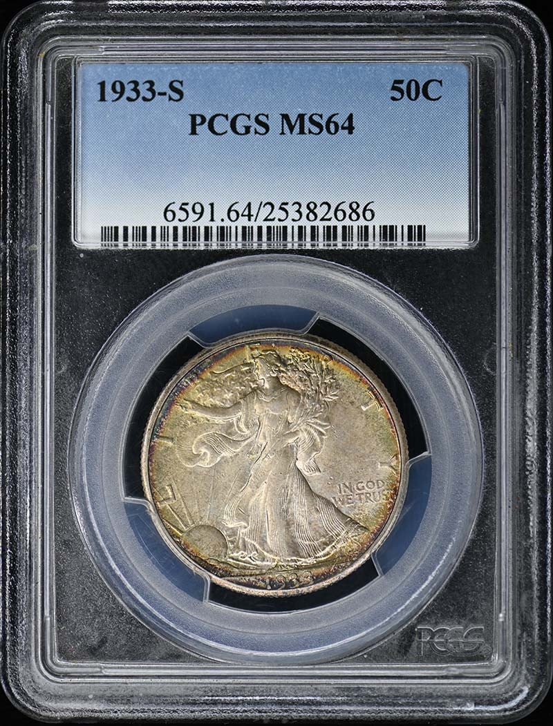 1933-S Walking Liberty Half Dollar PCGS MS64 Uncirculated: 1933-S Walking Liberty Half Dollar PCGS MS64 Uncirculated This 1933-S Walking Liberty Half Dollar is a stunning collector's piece, certified by PCGS with a grade of MS64, indicating it is in uncircula