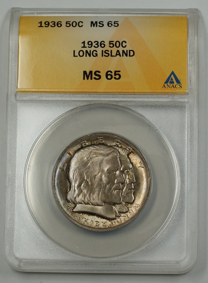 1936 Long Island Silver 50c Commemorative Half Dollar ANACS MS 65 Gem Toned: 1936 Long Island Silver 50c Commemorative Half Dollar ANACS MS 65 Gem Toned This 1936 Long Island Tercentenary commemorative half dollar is struck in silver and graded MS 65 by ANACS. Issued to mark t