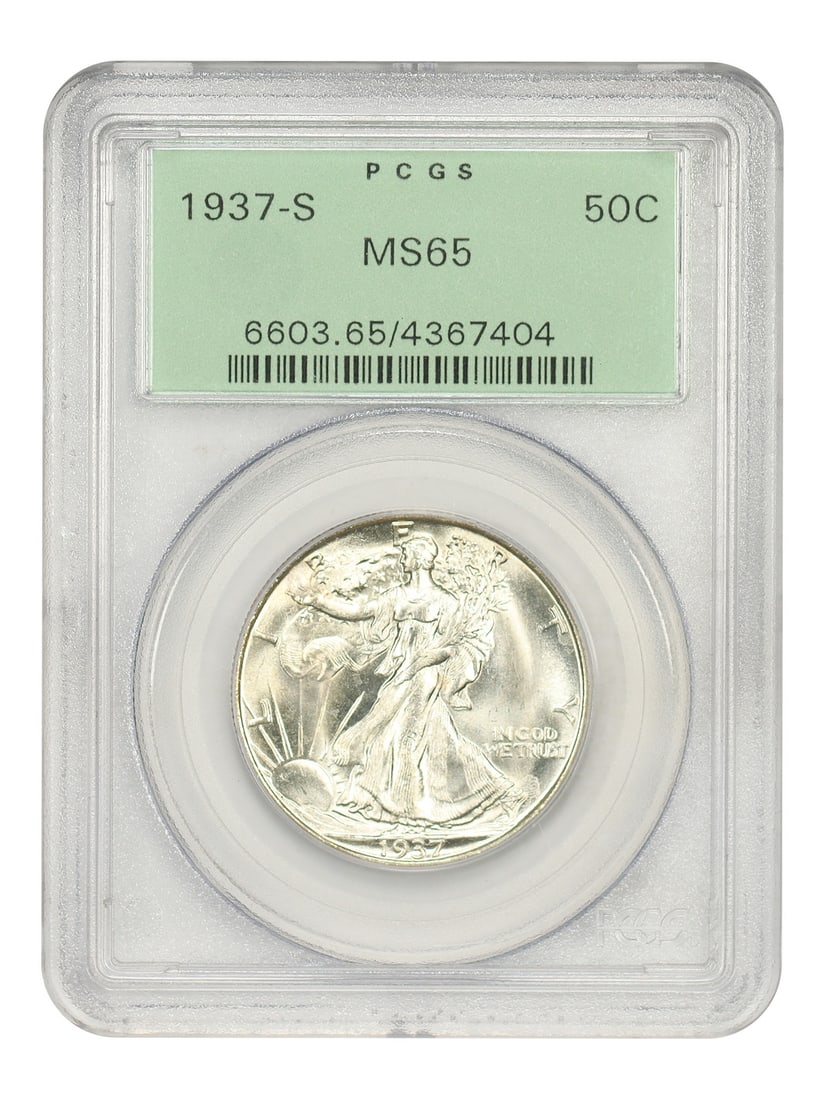 PCGS MS65 1937-S Walking Liberty Half Dollar in Old Green Holder: PCGS MS65 1937-S Walking Liberty Half Dollar in Old Green Holder This is a 1937-S Walking Liberty Half Dollar graded MS65 by PCGS, presented in an original green holder. The coin is uncirculated and f