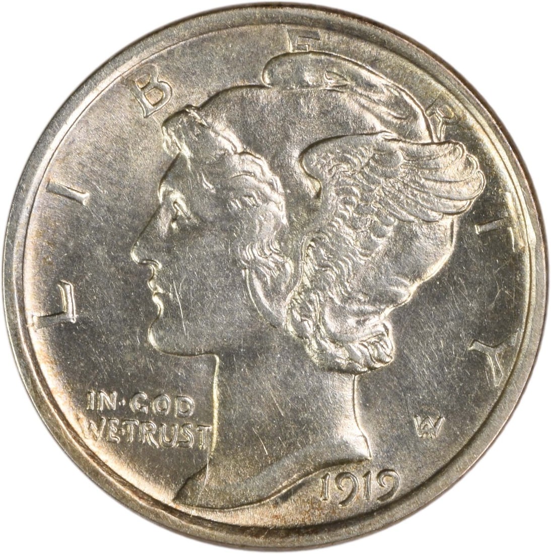 1919 Denver Mercury Dime 90 Percent Silver AU Grade Uncertified: 1919 Denver Mercury Dime 90 Percent Silver AU Grade Uncertified This 1919-D Mercury Silver Dime is an un-certified, circulated coin featuring the iconic design by Adolph Alexander Weinman. Minted in D