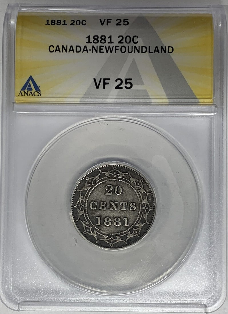 1881 Newfoundland Silver 20 Cent Coin ANACS VF 25 Certified Canada: 1881 Newfoundland Silver 20 Cent Coin ANACS VF 25 Certified Canada This is an 1881 Canada Newfoundland 20 cent coin composed of silver. The coin is certified by ANACS with a grade of VF 25, indicating
