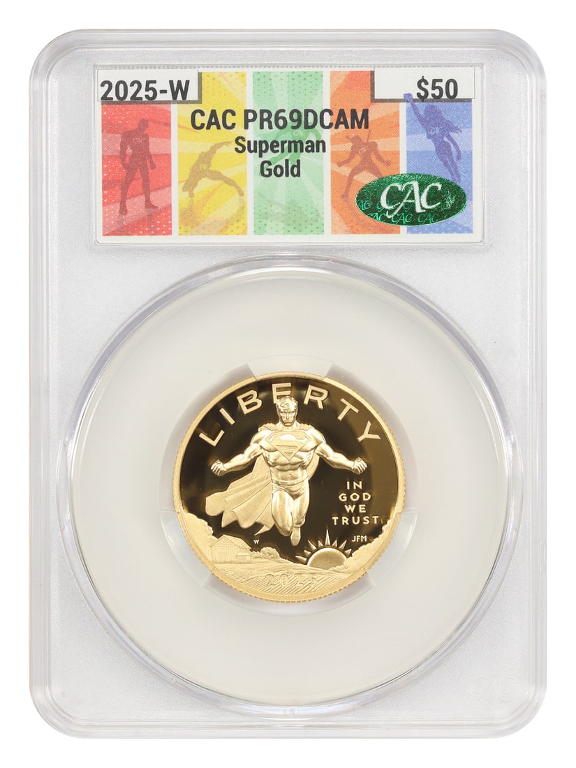 2025 Superman $50 Gold Proof PR69DCAM CACG With Box and COA: 2025 Superman $50 Gold Proof PR69DCAM CACG With Box and COA This 2025-W $50 Superman gold commemorative coin is a modern collectible struck at the West Point Mint. Crafted from one-half ounce of pure