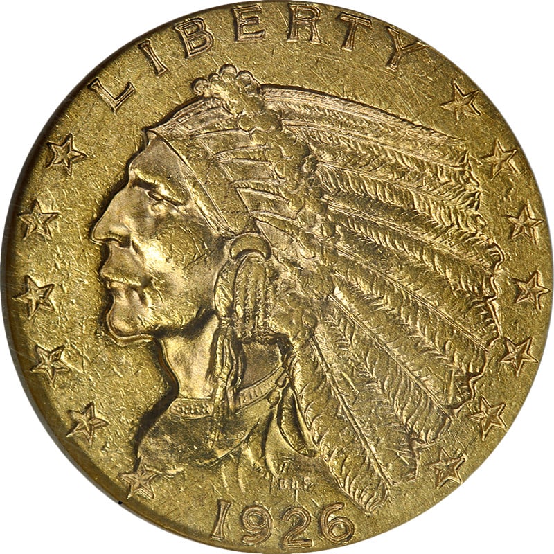 1926 US $2.50 Indian Gold Coin NGC AU58 Certified: 1926 US $2.50 Indian Gold Coin NGC AU58 Certified This original 1926 Indian Gold $2.50 coin features attractive luster, color, and surfaces, with a well-defined strike. Graded AU58 by NGC, it is a cir