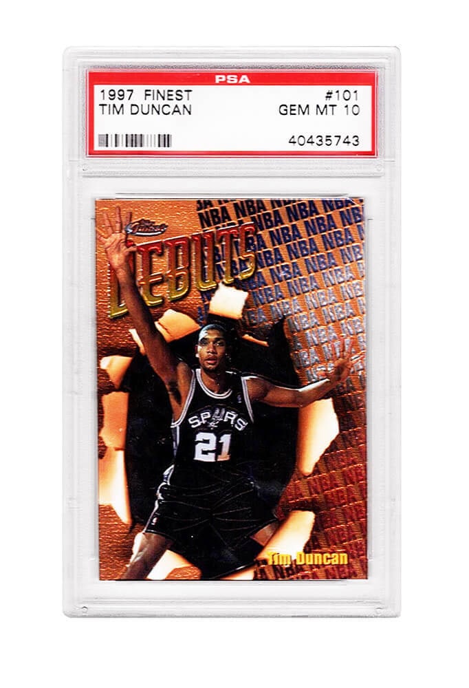 Tim Duncan 1997 Topps Finest #101 Rookie Card PSA 10 Gem Mint: Tim Duncan 1997 Topps Finest #101 Rookie Card PSA 10 Gem Mint This listing features a Tim Duncan 1997 Topps Finest #101 rookie card, encapsulated and graded Gem Mint 10 by PSA, representing the highes