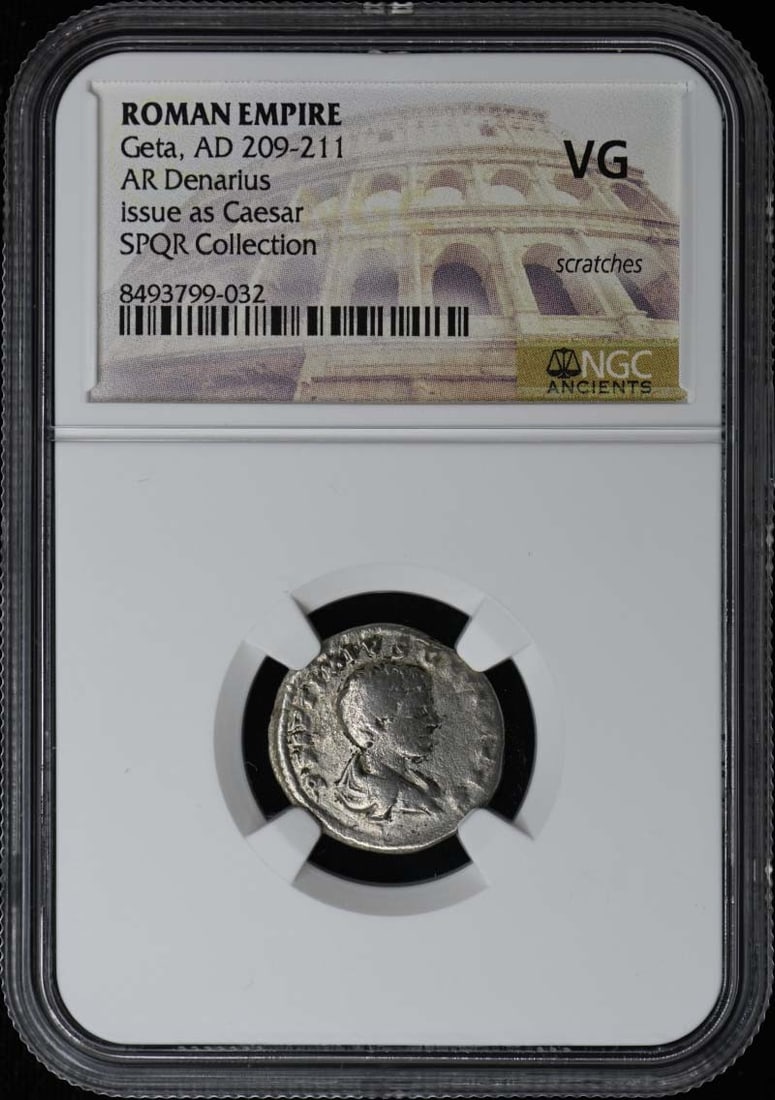 AR Denarius Coin of Geta 209-211 NGC Certified VG: AR Denarius Coin of Geta 209-211 NGC Certified VG This Roman Empire silver denarius dates from the reign of Geta, AD 209-211. The coin has been certified and graded VG by NGC, indicating its historica