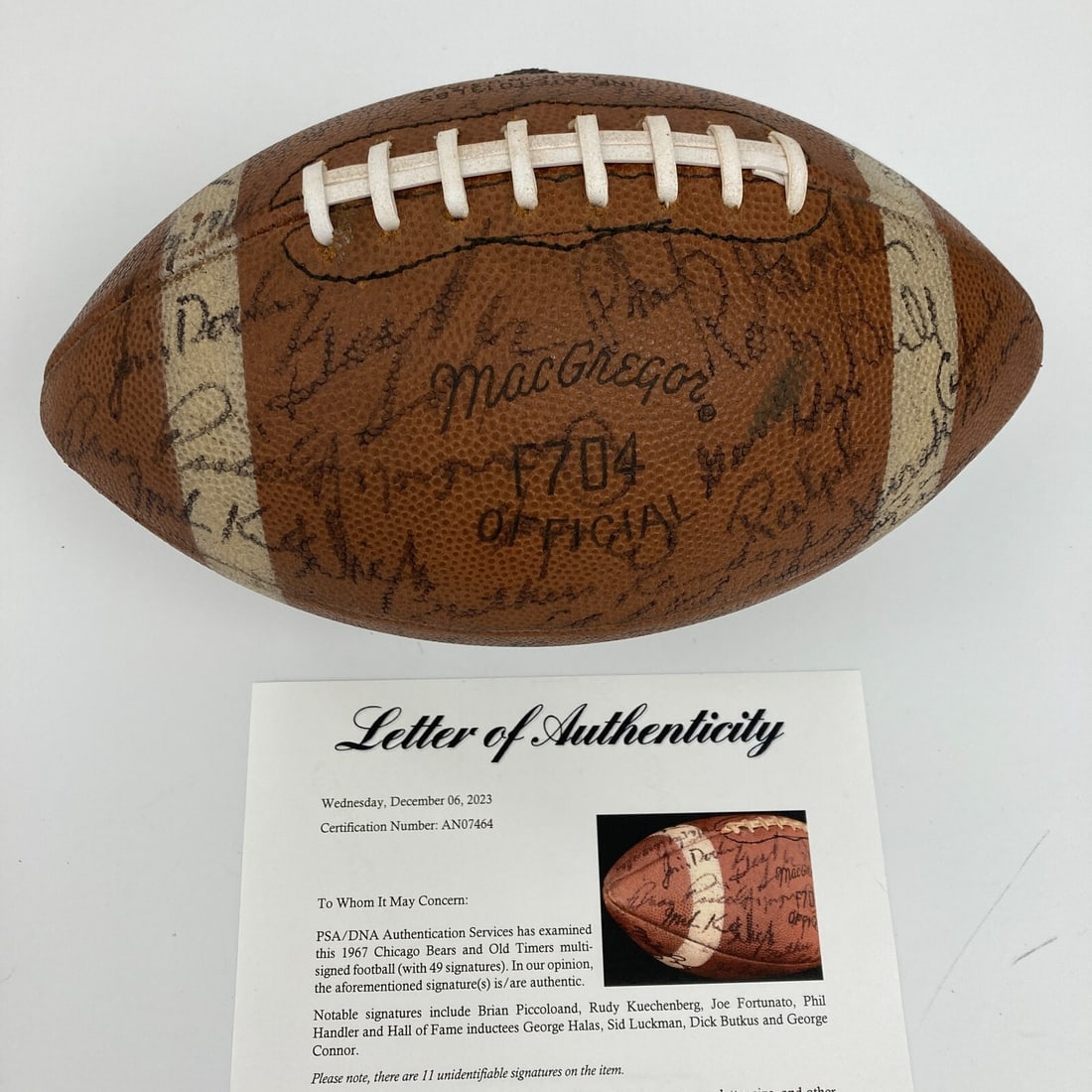1967 Chicago Bears Signed Football Brian Piccolo George Halas PSA Authenticated: 1967 Chicago Bears Signed Football Brian Piccolo George Halas PSA Authenticated This vintage football, signed by 49 members of the 1967 Chicago Bears, is a remarkable piece of sports history. Key sign