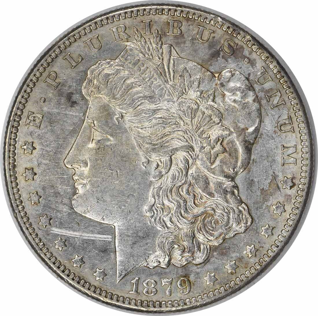 1879-S Morgan Silver Dollar AU Reverse of 1878 Uncertified Coin: 1879-S Morgan Silver Dollar AU Reverse of 1878 Uncertified Coin This 1879-S Morgan Silver Dollar features the reverse design of the 1878 coin and is in AU (About Uncirculated) condition. Crafted from