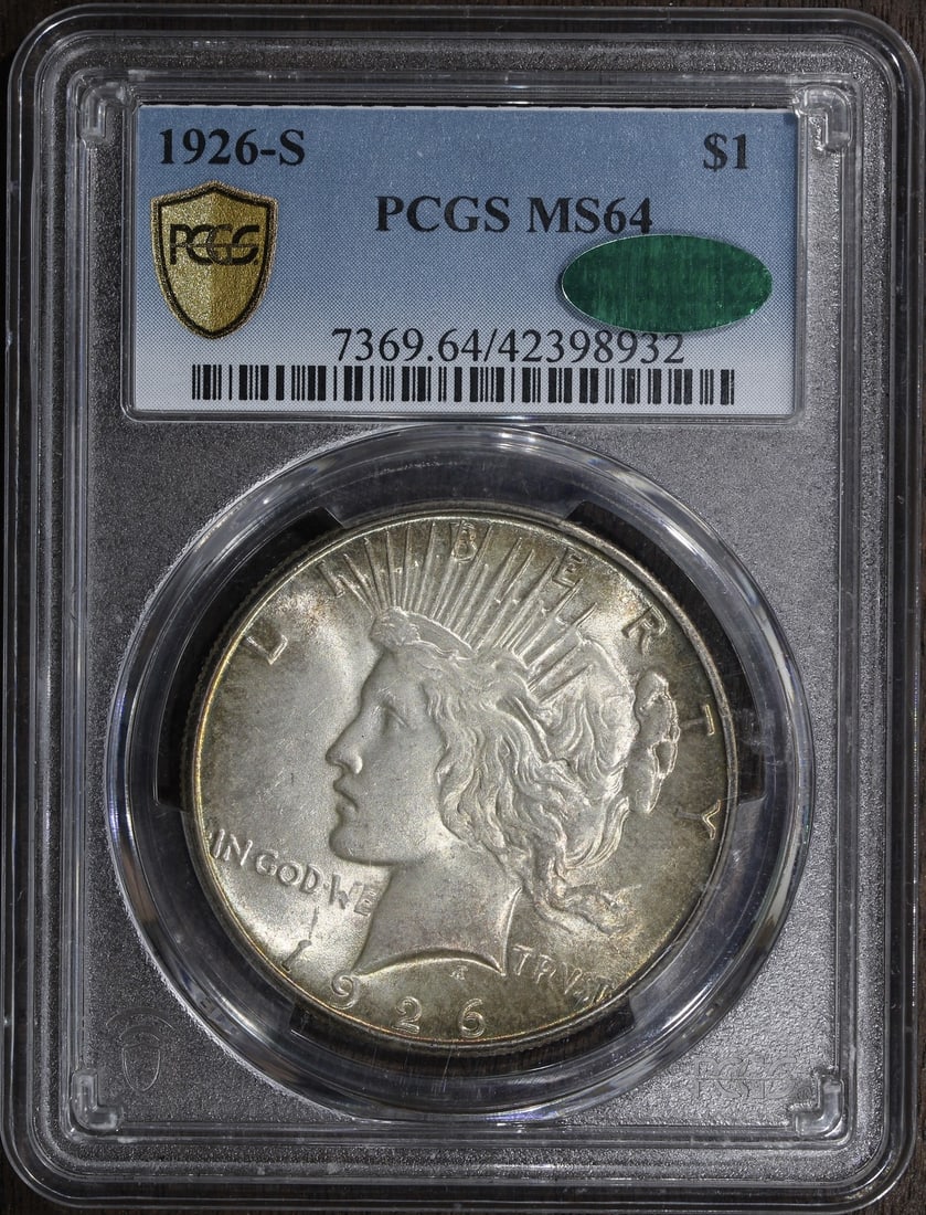 Peace Dollar 1926-S MS64 CAC Certified by PCGS Silver Coin: Peace Dollar 1926-S MS64 CAC Certified by PCGS Silver Coin This is a 1926-S Peace Silver Dollar graded MS64 by PCGS and verified by CAC. The coin is uncirculated and composed of 90% silver. Minted in