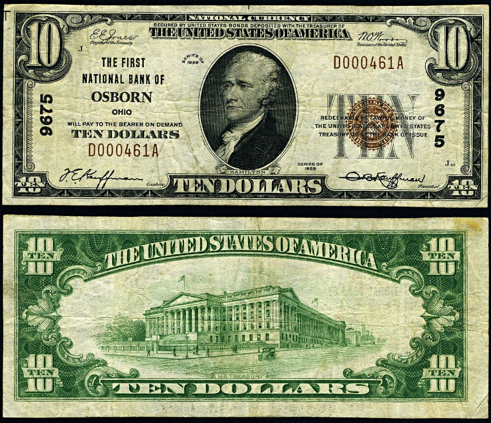 1929 T-1 $10 National Bank Note Osborn Ohio Ch #9675 VF: 1929 T-1 $10 National Bank Note Osborn Ohio Ch #9675 VF This is a $10 National Bank Note from Osborn, Ohio, issued in 1929 (Type T-1). The note is graded as Very Fine (VF) and displays original colors