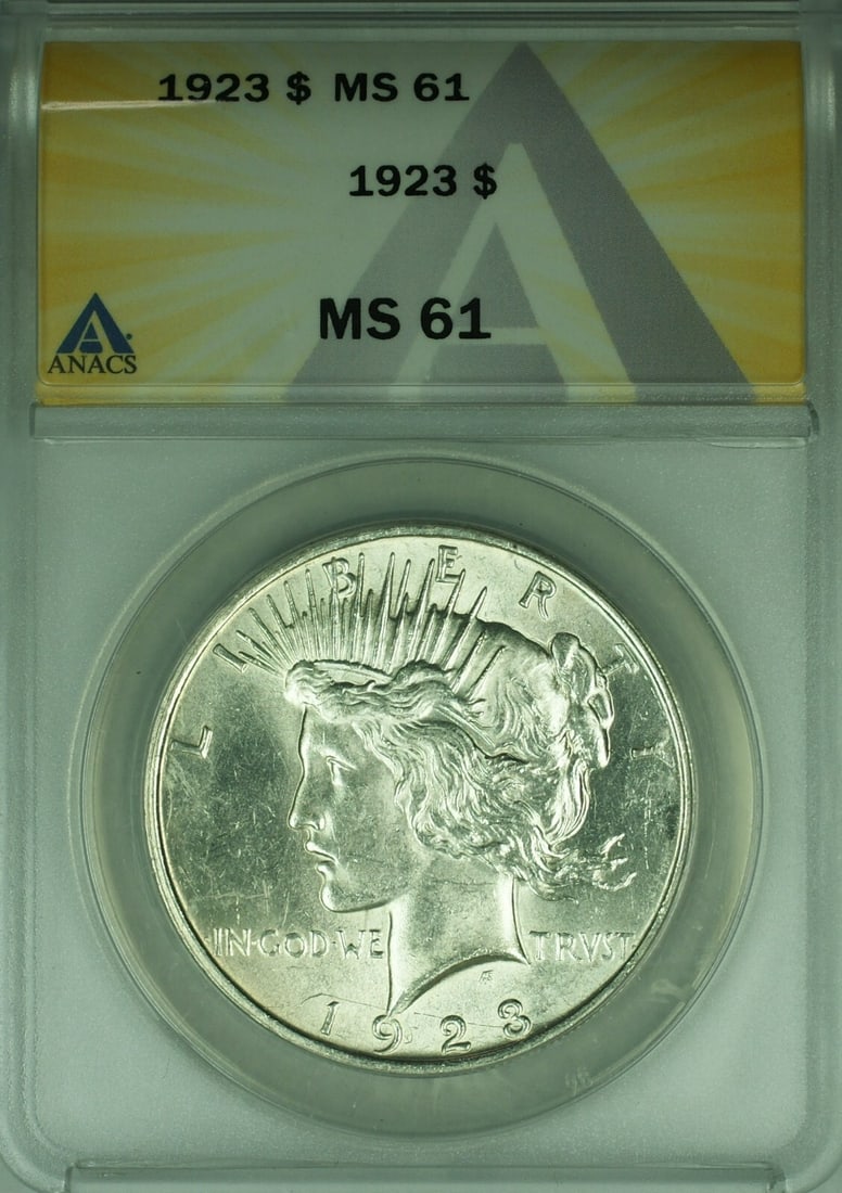 1923 Peace Dollar Silver $1 Certified by ANACS MS-61 Philadelphia Mint: 1923 Peace Dollar Silver $1 Certified by ANACS MS-61 Philadelphia Mint This 1923 Peace Silver Dollar is an uncirculated coin certified by ANACS with a grade of MS 61. Struck at the Philadelphia Mint,