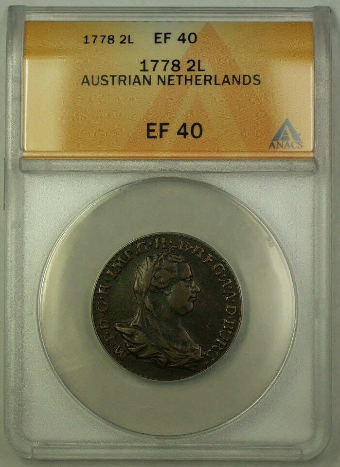 ANACS EF-40 1778 Austrian Netherlands 2 Liards Copper Coin: ANACS EF-40 1778 Austrian Netherlands 2 Liards Copper Coin This is a 1778 Austrian Netherlands 2 Liards copper coin, certified by ANACS with a grade of EF-40. The coin is circulated and features a bro