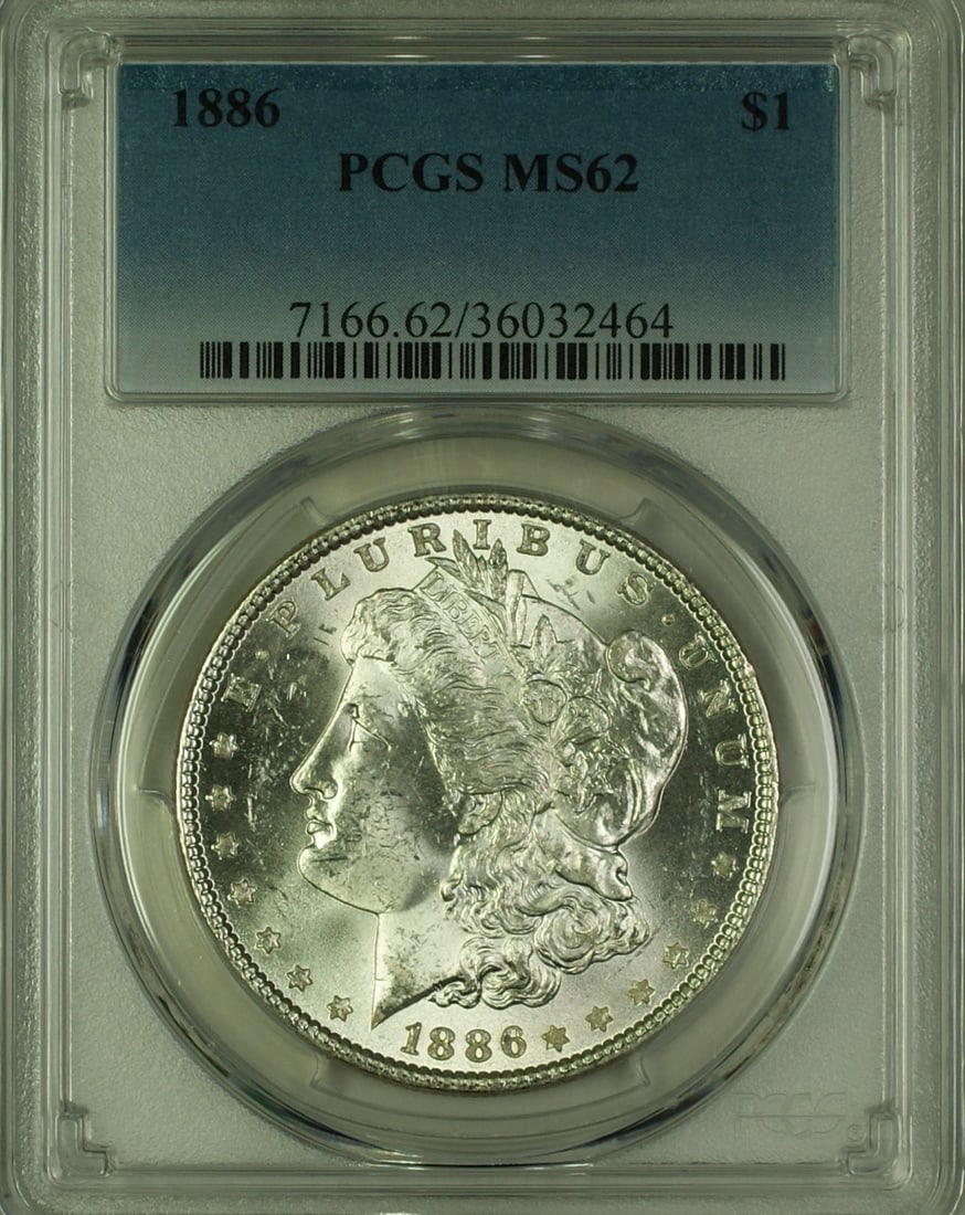 PCGS MS-62 1886 Morgan Dollar Silver $1 Philadelphia Coin: PCGS MS-62 1886 Morgan Dollar Silver $1 Philadelphia Coin This 1886 Morgan Silver Dollar is a $1 coin from the United States, minted in Philadelphia. Certified by PCGS with a grade of MS 62, it is com