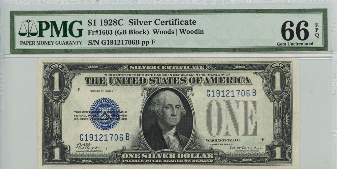 1928C $1 Silver Certificate Blue Seal FR#1603 PMG Gem66 EPQ (1 of 2)