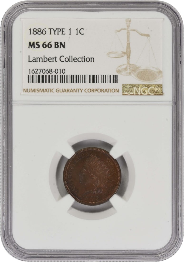 Indian Head Cent 1886 Variety 1 MS66BN Graded by NGC: Indian Head Cent 1886 Variety 1 MS66BN Graded by NGC This is an 1886 Indian Head Cent, Variety 1, graded MS66BN by NGC. Struck at the Philadelphia Mint, this uncirculated small cent is composed of 95%