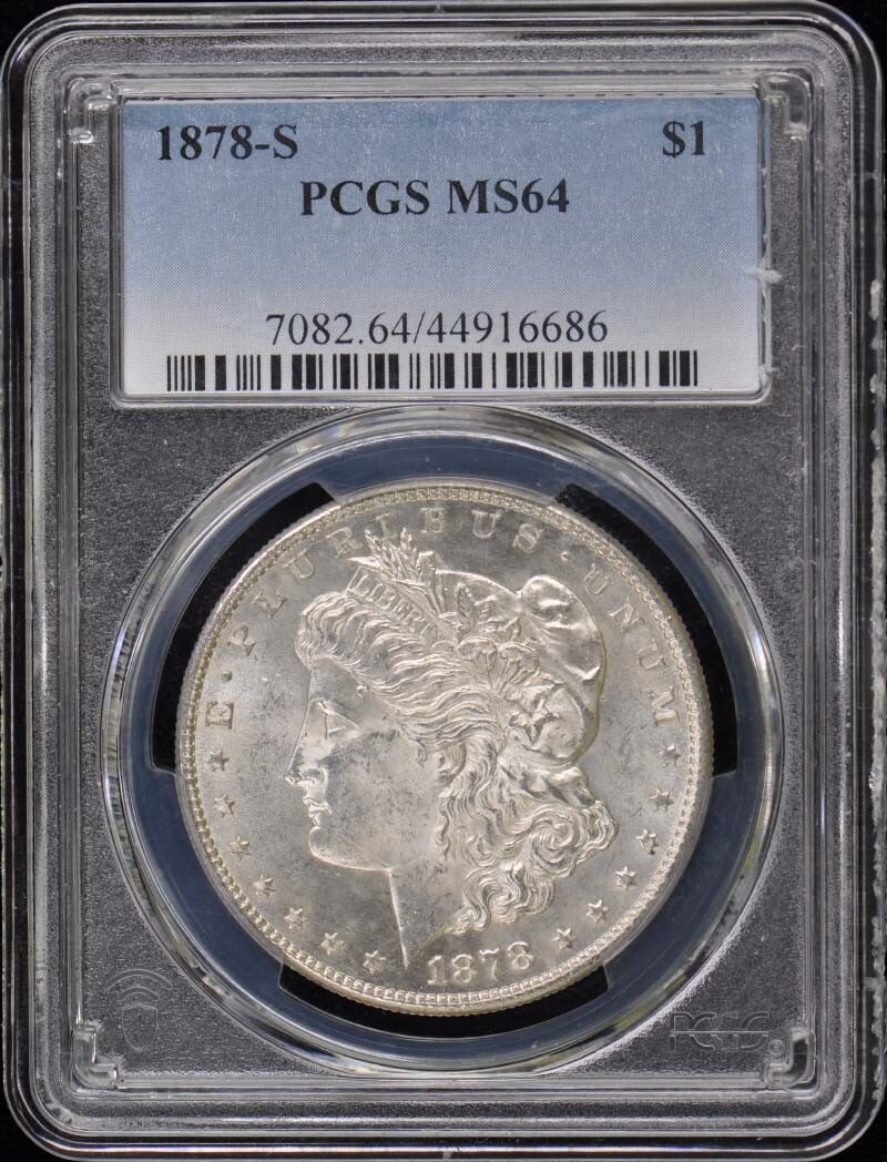 1878-S Morgan Dollar PCGS MS64 Uncirculated San Francisco: 1878-S Morgan Dollar PCGS MS64 Uncirculated San Francisco This 1878-S Morgan Dollar is a stunning example of American coinage, certified by PCGS with a grade of MS64, ensuring its high-quality uncircu