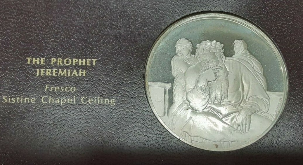 Sterling Silver Genius of Michelangelo Medal The Prophet Jeremiah by Franklin Mint: Sterling Silver Genius of Michelangelo Medal The Prophet Jeremiah by Franklin Mint This Franklin Mint Genius of Michelangelo proof medal features The Prophet Jeremiah, inspired by Michelangelo's fresc