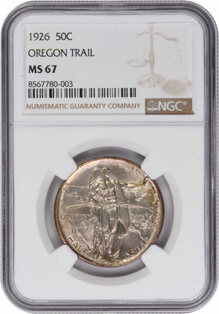 1926 Oregon Half Dollar Commemorative Coin Silver NGC MS67: 1926 Oregon Half Dollar Commemorative Coin Silver NGC MS67 This 1926 Oregon Commemorative Silver Half Dollar is graded MS67 by NGC and remains in uncirculated condition. Issued to honor Oregon's histo