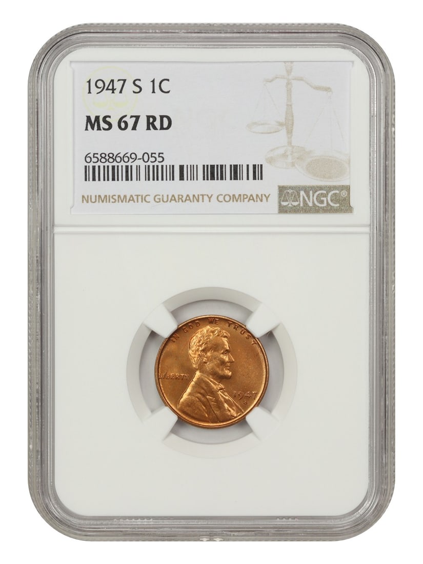 1947-S Lincoln Cent NGC MS67RD Premium Gem Wheat Reverse Coin: 1947-S Lincoln Cent NGC MS67RD Premium Gem Wheat Reverse Coin This stunning 1947-S Lincoln Cent (Wheat Reverse) is graded MS67RD by NGC, ensuring its quality as an uncirculated premium gem type coin.