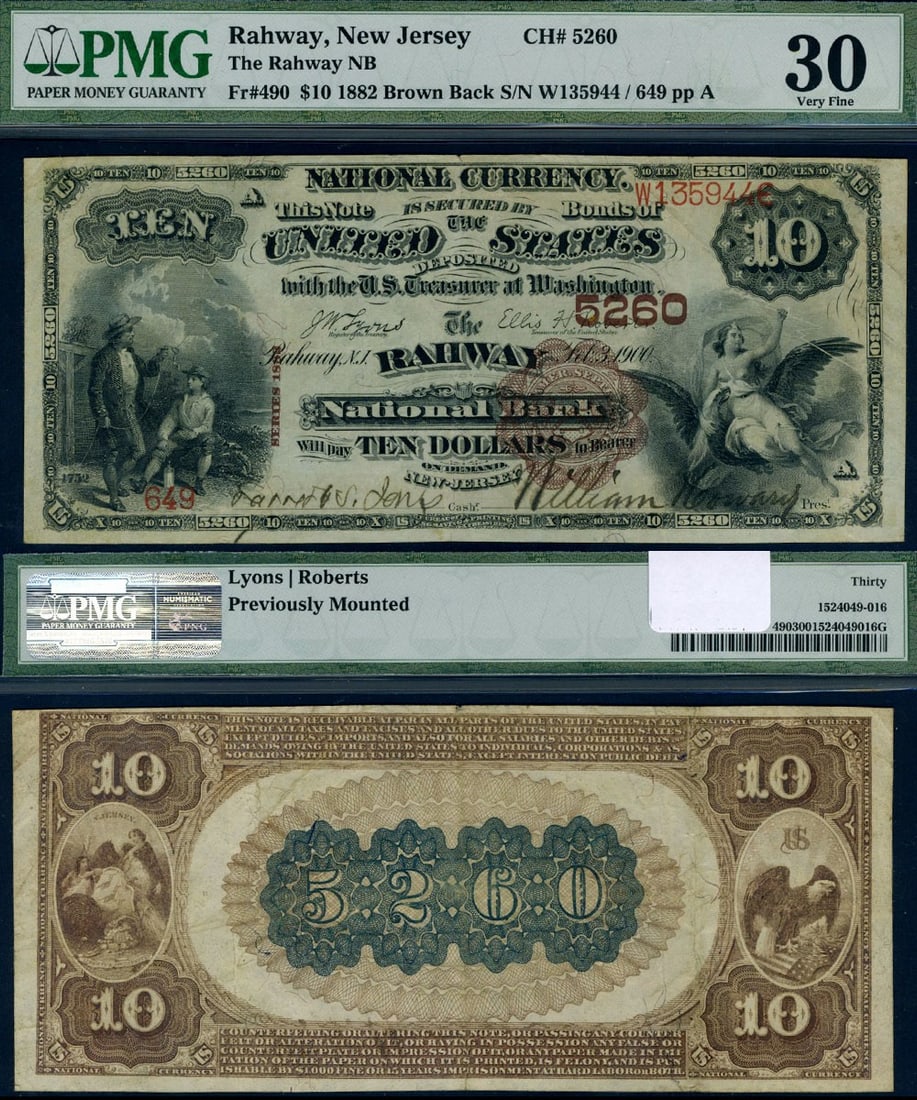 1882 BB $10 National Bank Note Rahway NJ PMG VF30: 1882 BB $10 National Bank Note Rahway NJ PMG VF30 This is an attractive example of a $10 National Bank Note from Rahway, NJ, issued in 1882 BB. Graded by PMG at VF30, this note features pleasing color