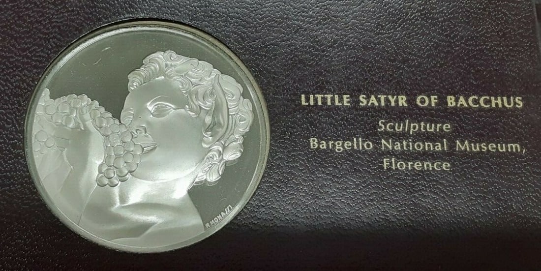 Sterling Silver Michelangelo Little Satyr Bacchus Medal by Franklin Mint: Sterling Silver Michelangelo Little Satyr Bacchus Medal by Franklin Mint This Franklin Mint Genius of Michelangelo proof medal is crafted from .925 sterling silver and features the Little Satyr of Bac