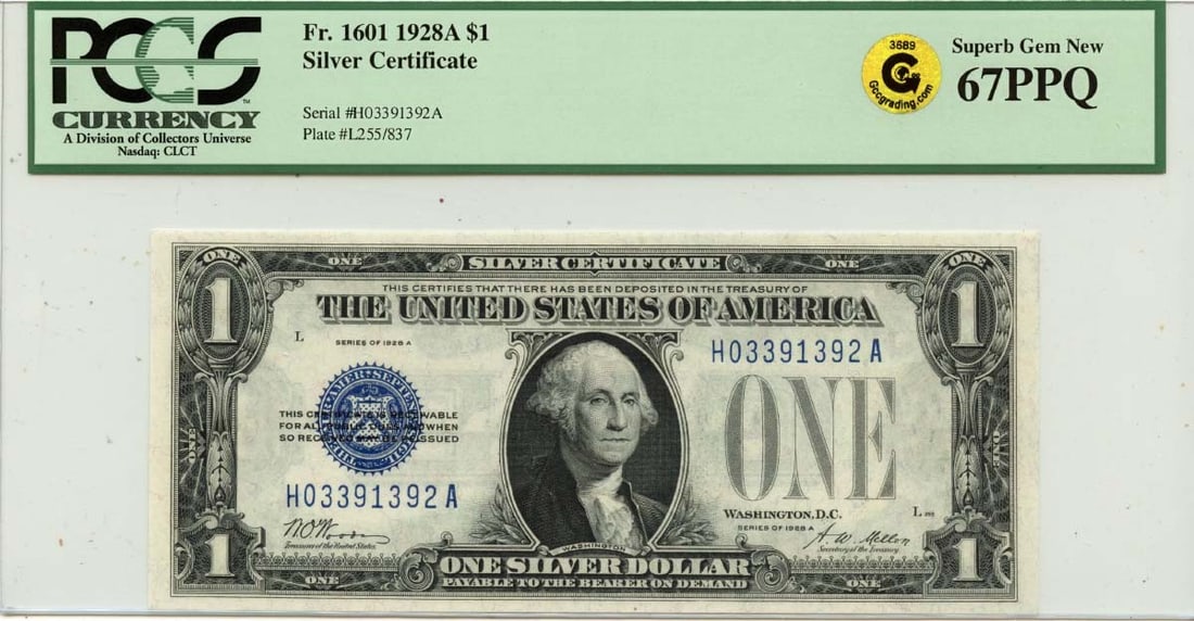 PCGS Graded 1928A Silver Certificate Dollar Note Superb GEM 67 PPQ: PCGS Graded 1928A Silver Certificate Dollar Note Superb GEM 67 PPQ This 1928A $1 Silver Certificate is a United States banknote graded MS67 by PCGS Currency, indicating an uncirculated condition. It i