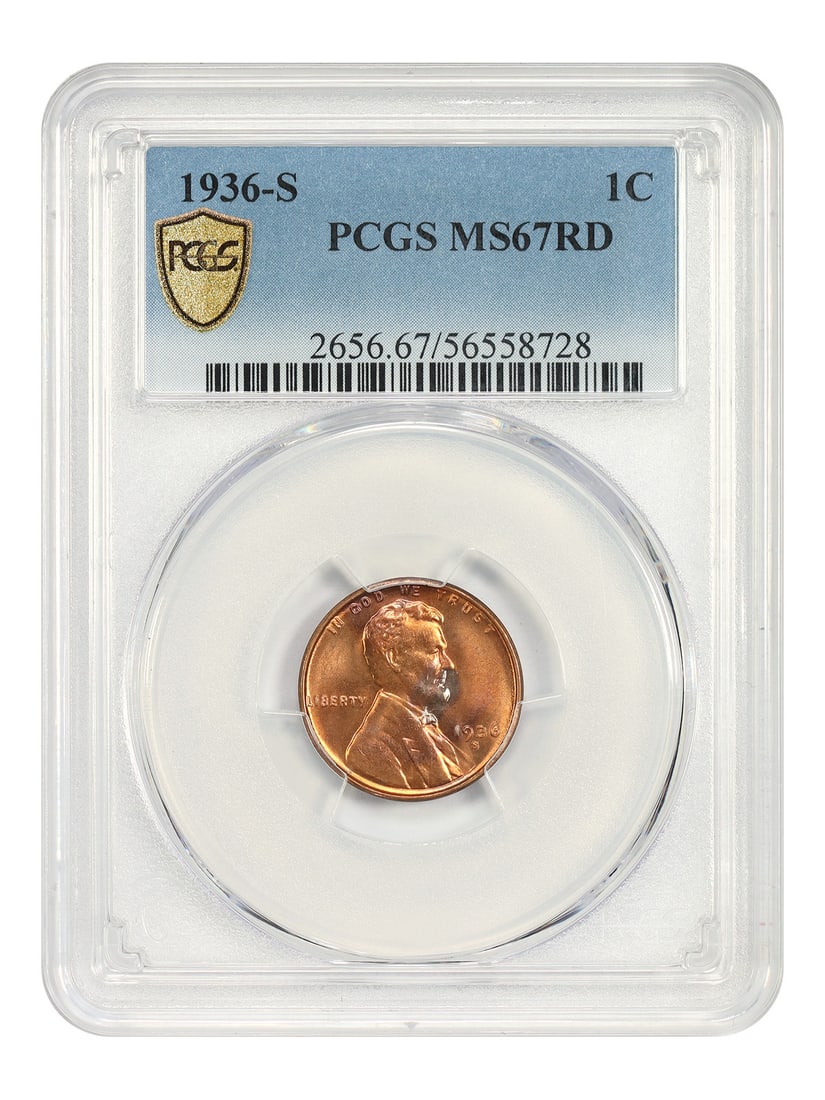 Lincoln Wheat Cent 1936-S PCGS MS67 Red San Francisco Mint: Lincoln Wheat Cent 1936-S PCGS MS67 Red San Francisco Mint This 1936-S Lincoln Cent features the wheat reverse design and was minted in San Francisco. Graded MS67RD by PCGS, this uncirculated coin dis