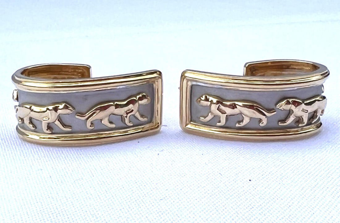 14K Yellow Gold Cartier Style Panther Earrings: 14K Yellow Gold Cartier Style Panther Earrings Elevate your style with this stunning pair of 14K yellow gold earrings, designed in the iconic Cartier style. These exquisite earrings showcase remarkabl