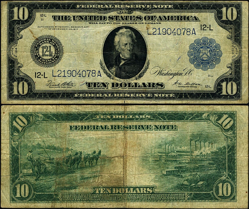 $10 1914 Federal Reserve Note FR. 951 A San Francisco Circulated: $10 1914 Federal Reserve Note FR. 951 A San Francisco Circulated This 1914 Federal Reserve Note from San Francisco (FR. 951 A) is a remarkable piece of currency history. Graded Fine+, this note exhibi
