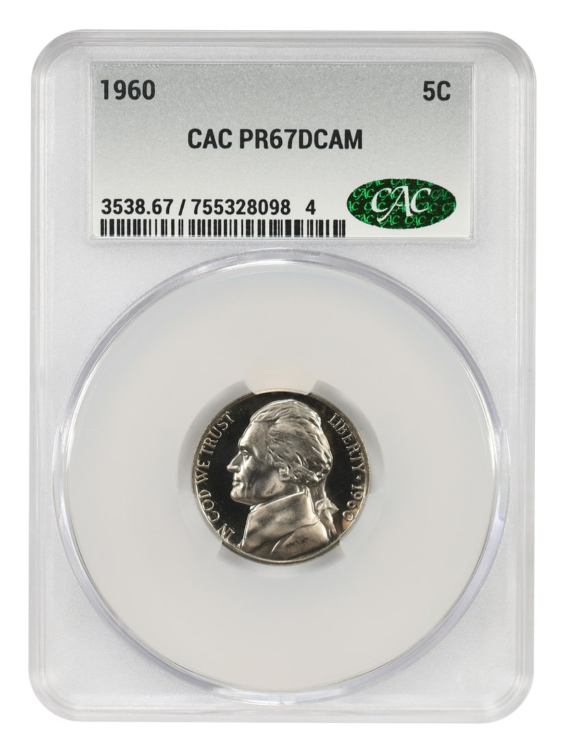 1960 Jefferson Nickel Proof 5C CACG PR67DCAM Philadelphia: 1960 Jefferson Nickel Proof 5C CACG PR67DCAM Philadelphia This is a 1960 Jefferson Nickel with a denomination of 5 cents, certified by CACG and graded PR67DCAM. The coin is uncirculated, features a de
